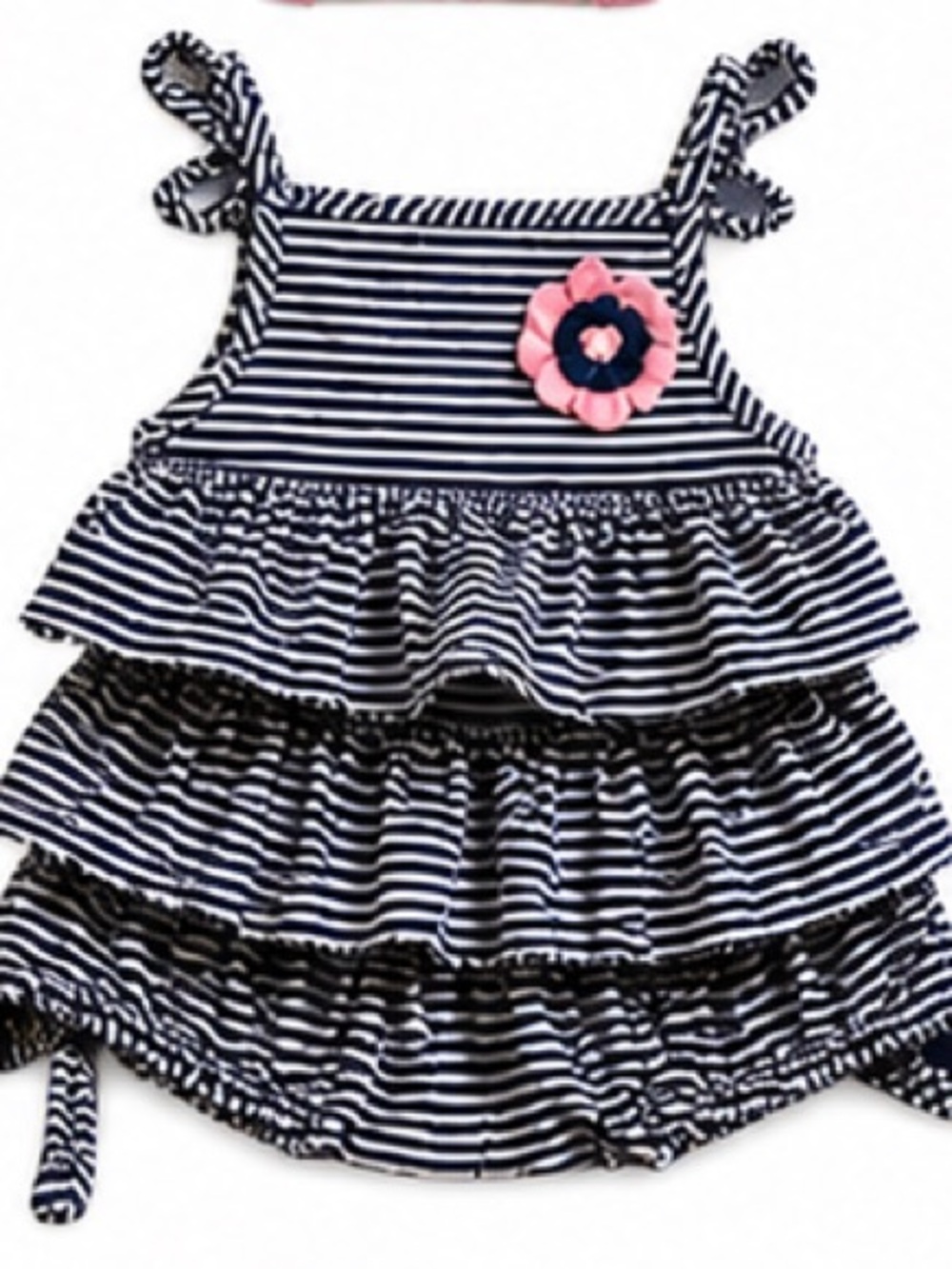Striped Navy & White Tiered Baby Dress Romper with Pink Flower